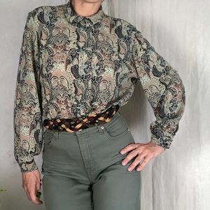 VINTAGE Puff Sleeve Button Down Paisley Blouse